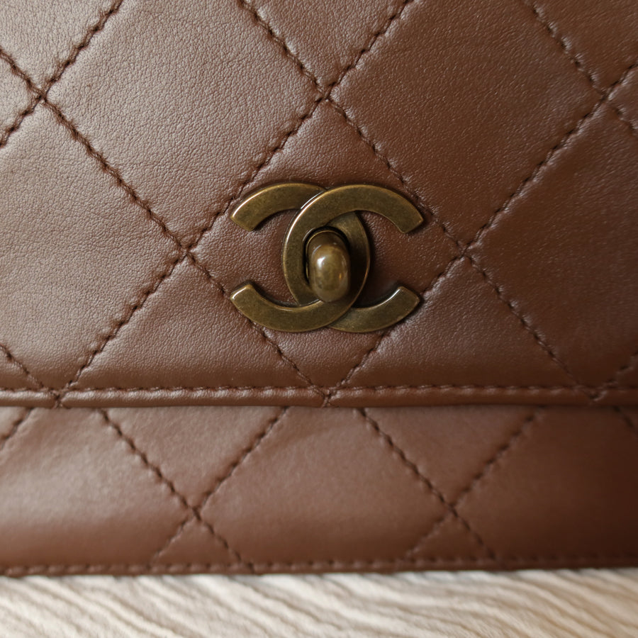 Rare Chanel Vintage Brown Matelasse CC Turn lock Top Handle Bag