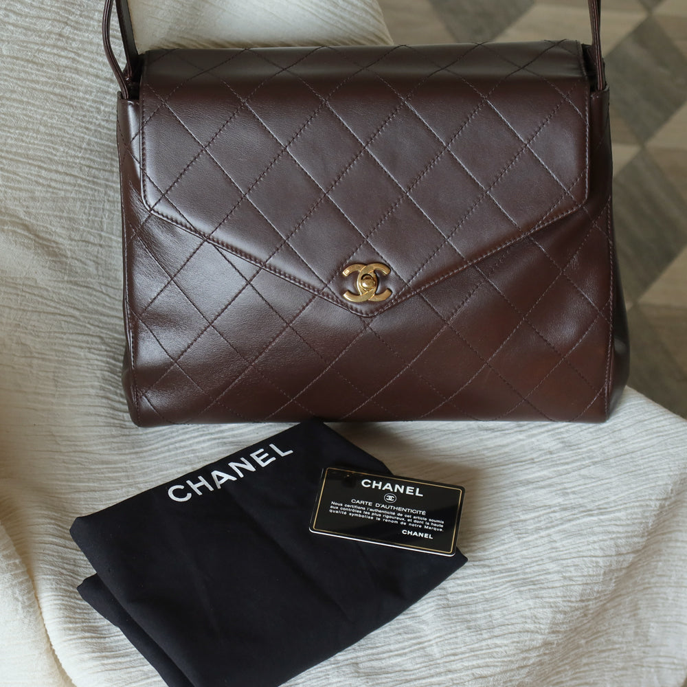 Vintage Chanel Dark Brown Matelassé Quilted CC turn lock Envelope Flap Bag