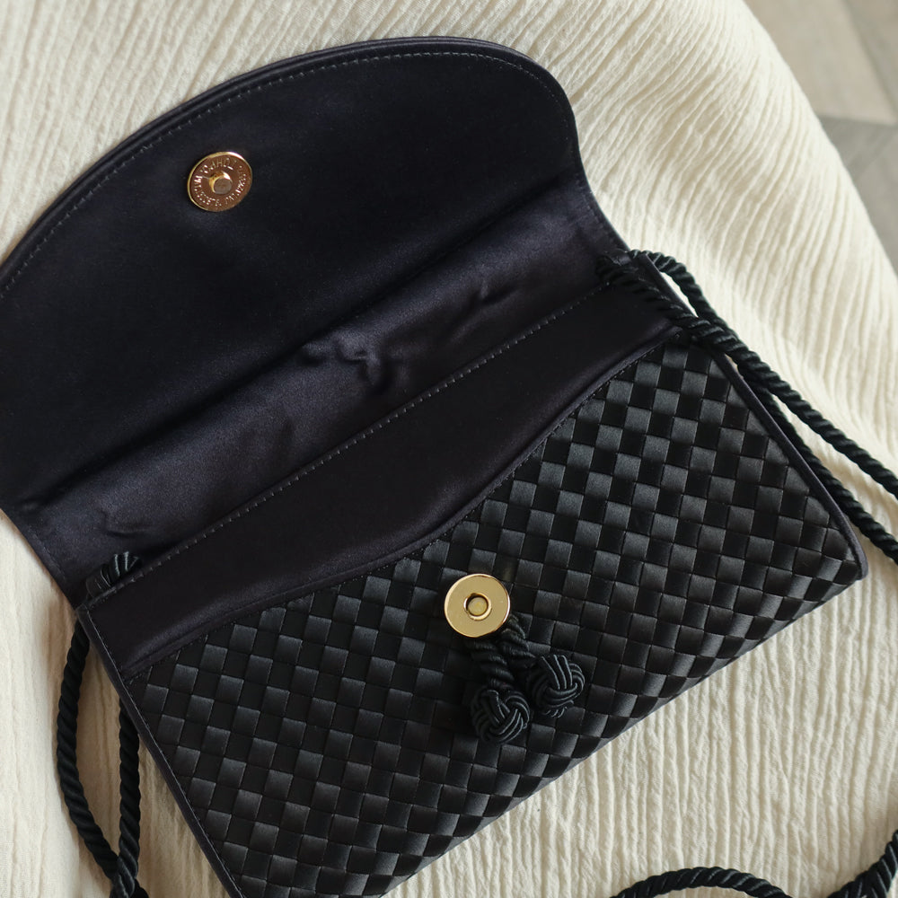 Bottega Veneta Vintage Black Satin Intrecciato Kno Rope Strap 2 way Shoulder Bag