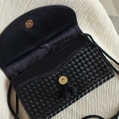 Bottega Veneta Vintage Black Satin Intrecciato Kno Rope Strap 2 way Shoulder Bag