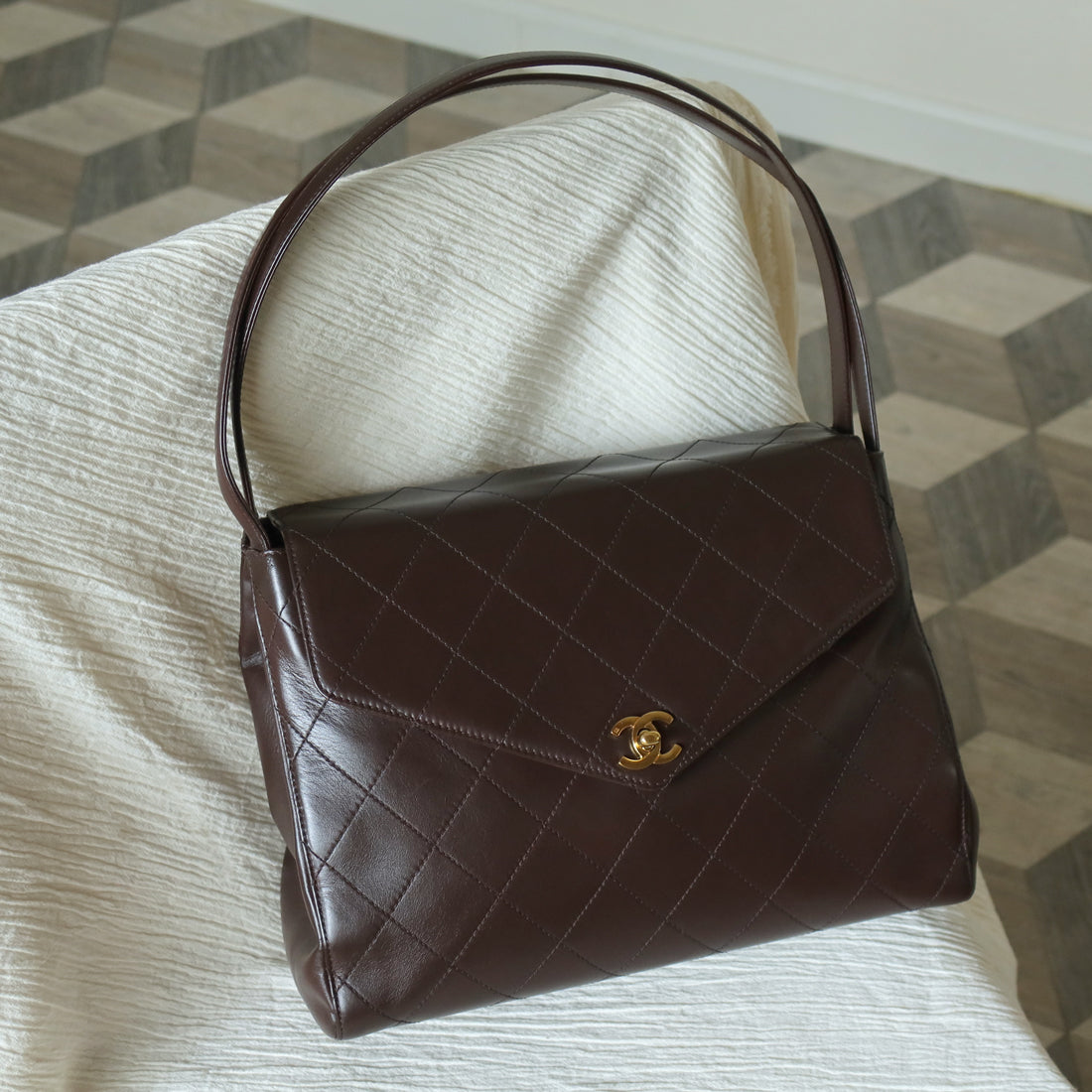 Vintage Chanel Dark Brown Matelassé Quilted CC turn lock Envelope Flap Bag