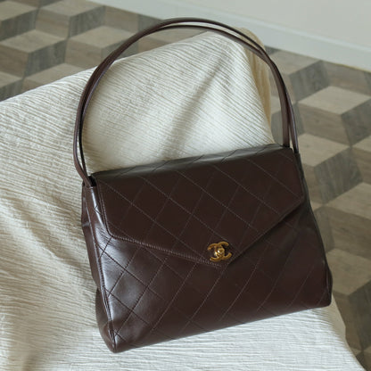 Vintage Chanel Dark Brown Matelassé Quilted CC turn lock Envelope Flap Bag