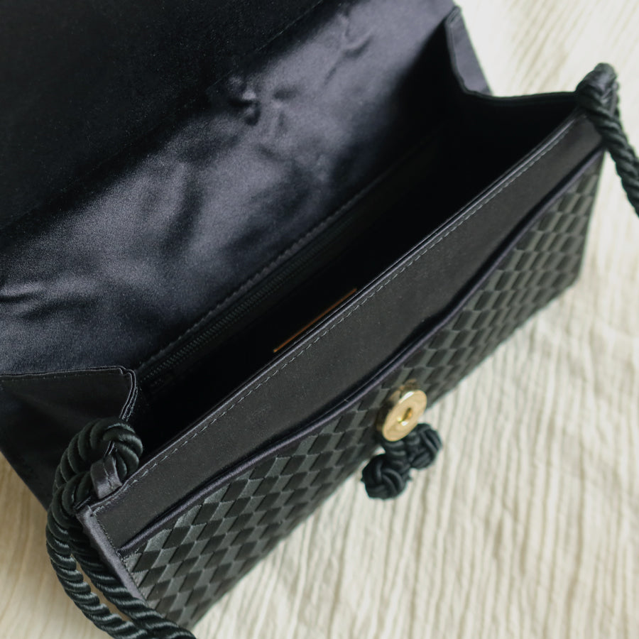 Bottega Veneta Vintage Black Satin Intrecciato Kno Rope Strap 2 way Shoulder Bag