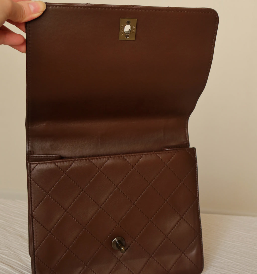 Rare Chanel Vintage Brown Matelasse CC Turn lock Top Handle Bag