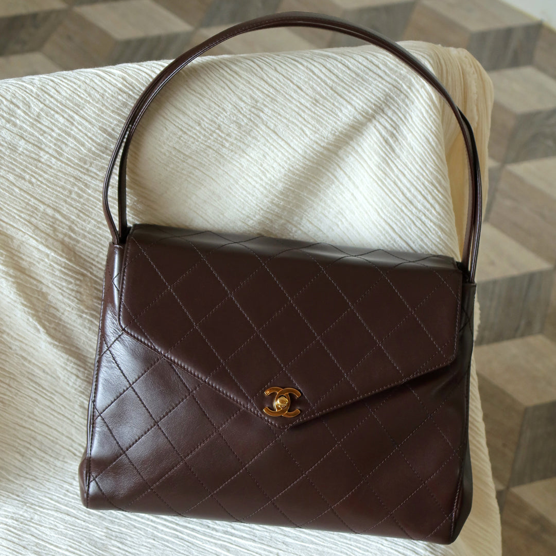 Vintage Chanel Dark Brown Matelassé Quilted CC turn lock Envelope Flap Bag
