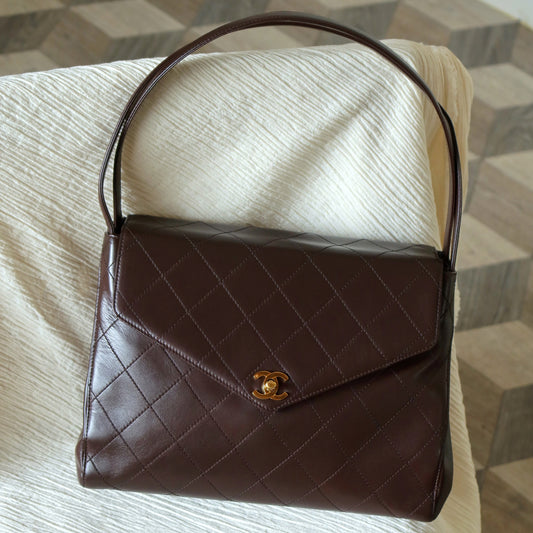 Vintage Chanel Dark Brown Matelassé Quilted CC turn lock Envelope Flap Bag