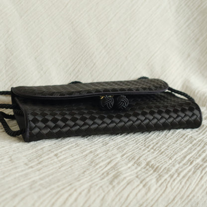 Bottega Veneta Vintage Black Satin Intrecciato Kno Rope Strap 2 way Shoulder Bag
