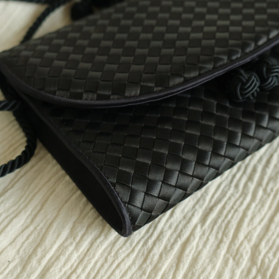 Bottega Veneta Vintage Black Satin Intrecciato Kno Rope Strap 2 way Shoulder Bag