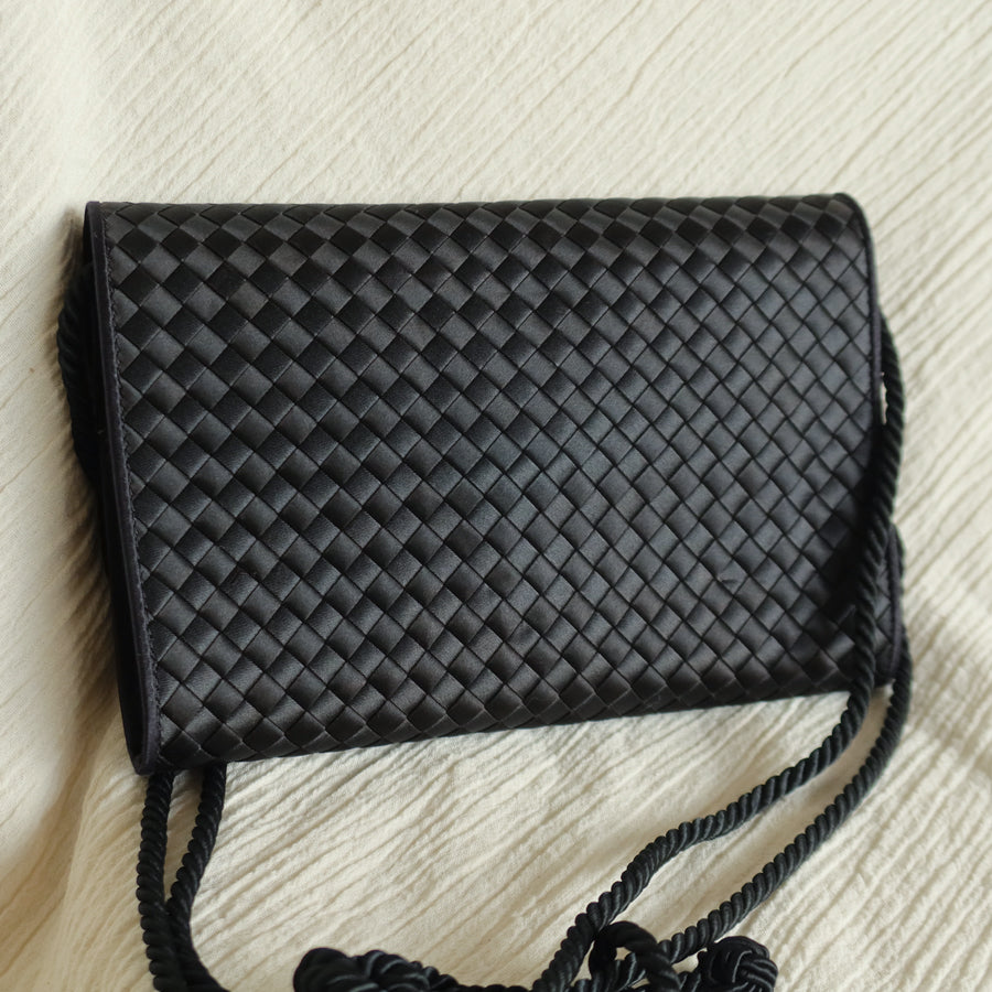 Bottega Veneta Vintage Black Satin Intrecciato Kno Rope Strap 2 way Shoulder Bag