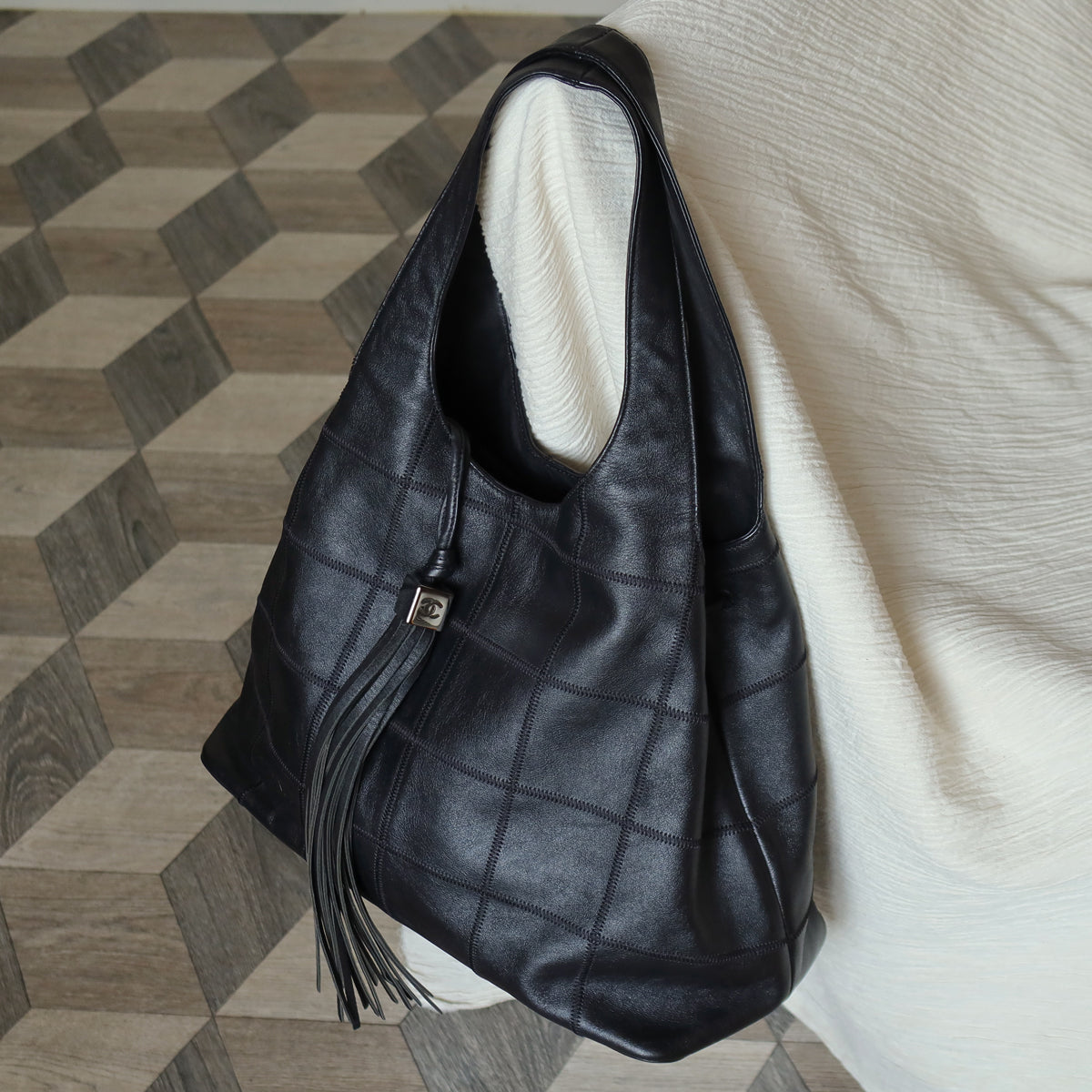 Chanel Vintage Black Square Stitching CC Tassel Hobo Tote Bag S
