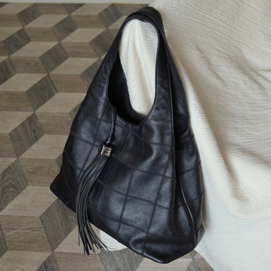Chanel Vintage Black Square Stitching CC Tassel Hobo Tote Bag S