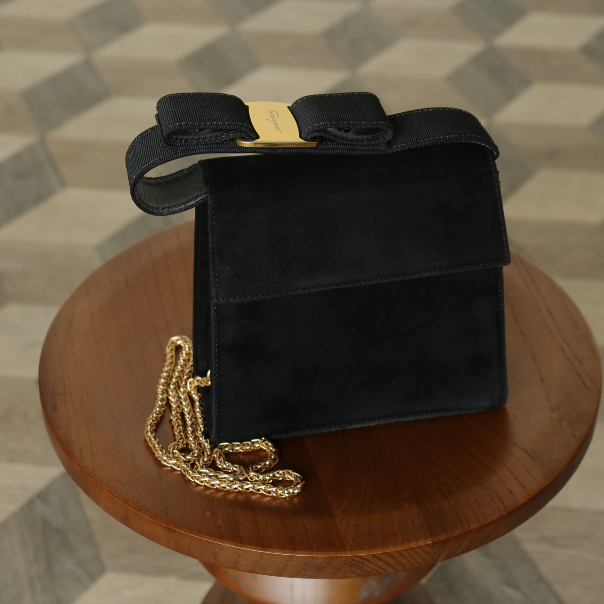 Salvatore Ferragamo Vintage Black Suede Vara Bow 2 way Top Handle Shoulder Bag
