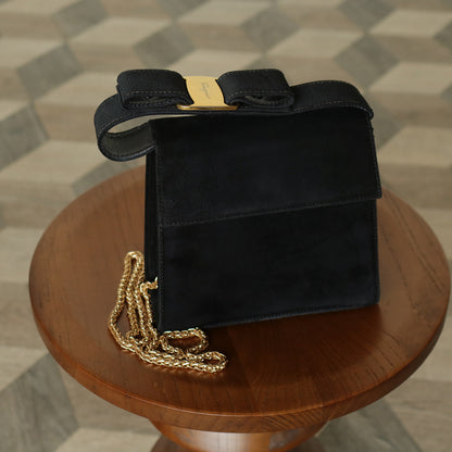 Salvatore Ferragamo Vintage Black Suede Vara Bow 2 way Top Handle Shoulder Bag