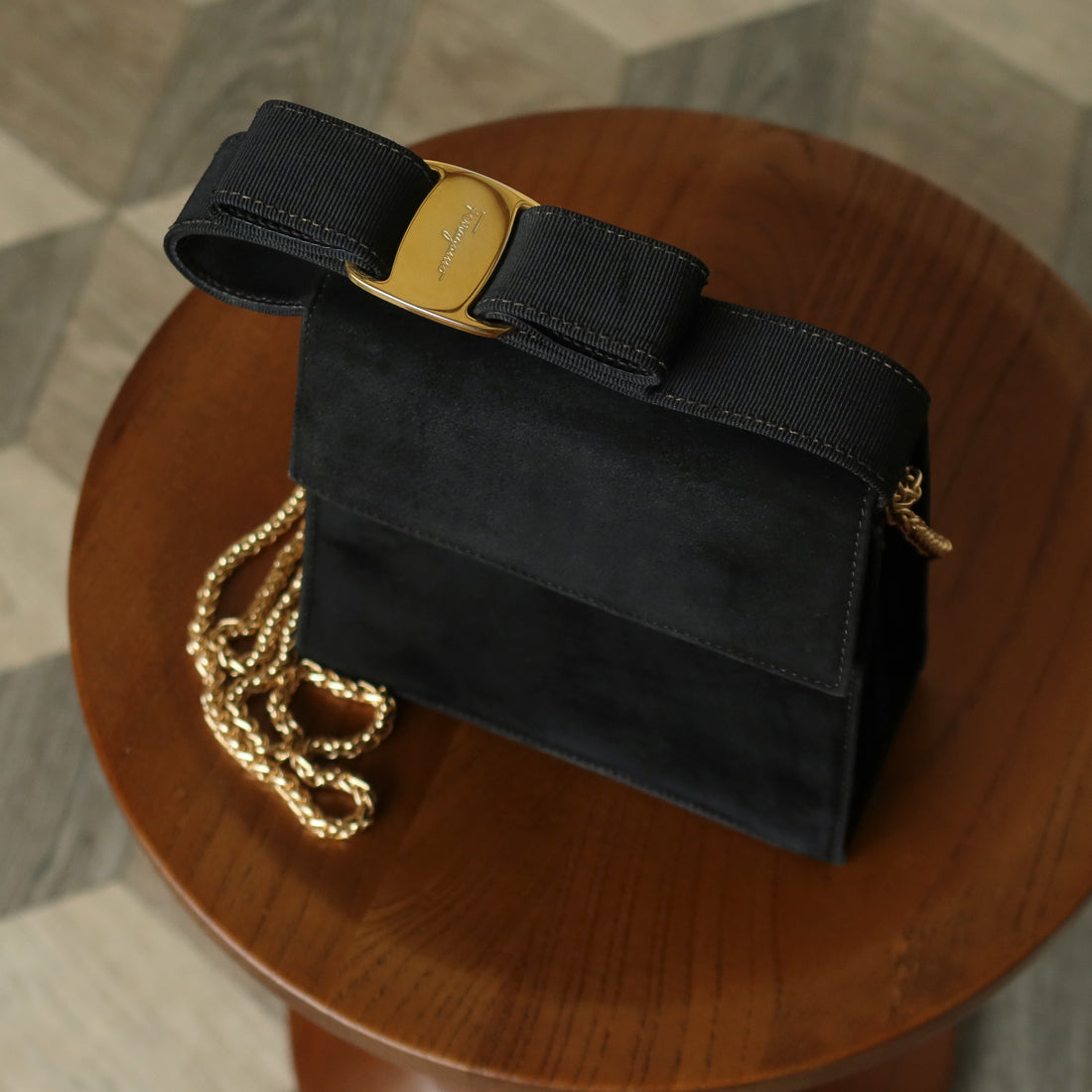 Salvatore Ferragamo Vintage Black Suede Vara Bow 2 way Top Handle Shoulder Bag