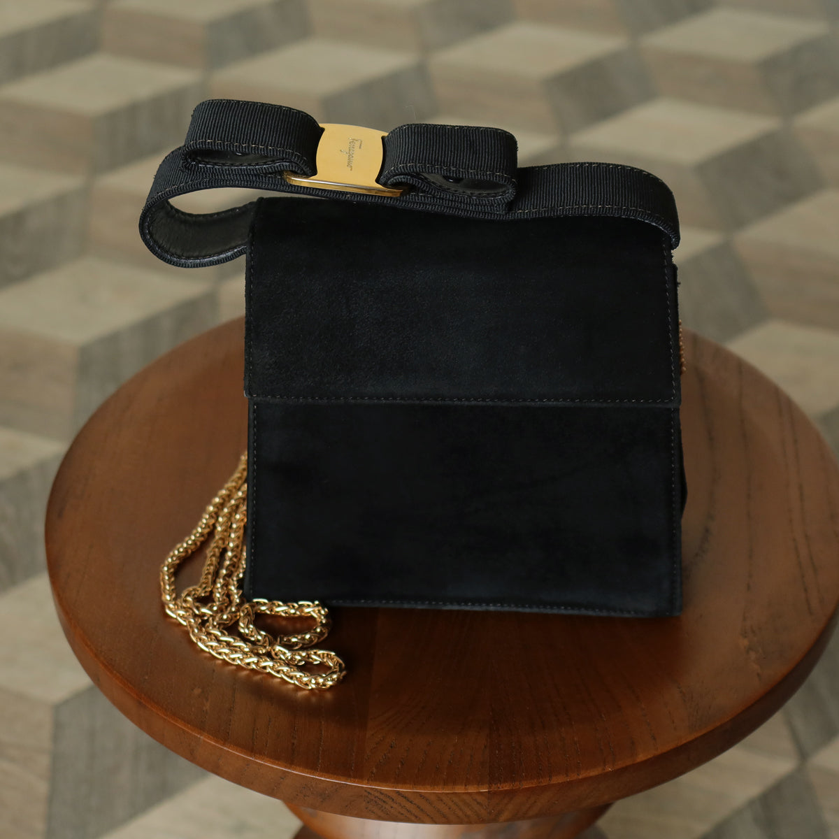 Salvatore Ferragamo Vintage Black Suede Vara Bow 2 way Top Handle Shoulder Bag
