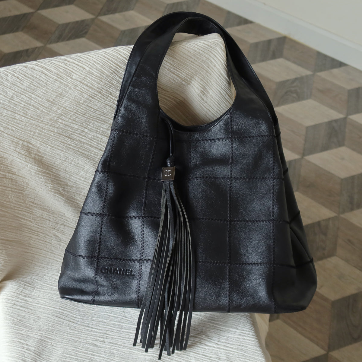 Chanel Vintage Black Square Stitching CC Tassel Hobo Tote Bag S