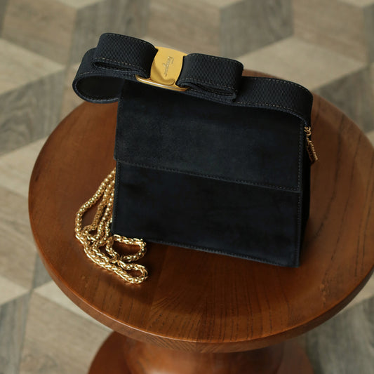 Salvatore Ferragamo Vintage Black Suede Vara Bow 2 way Top Handle Shoulder Bag