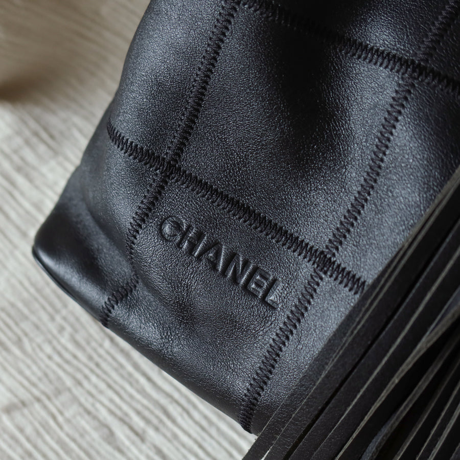 Chanel Vintage Black Square Stitching CC Tassel Hobo Tote Bag S