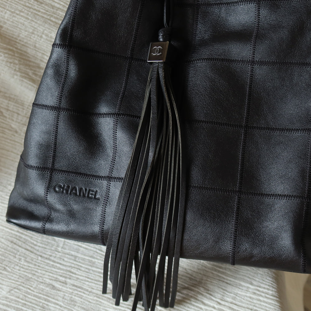 Chanel Vintage Black Square Stitching CC Tassel Hobo Tote Bag S