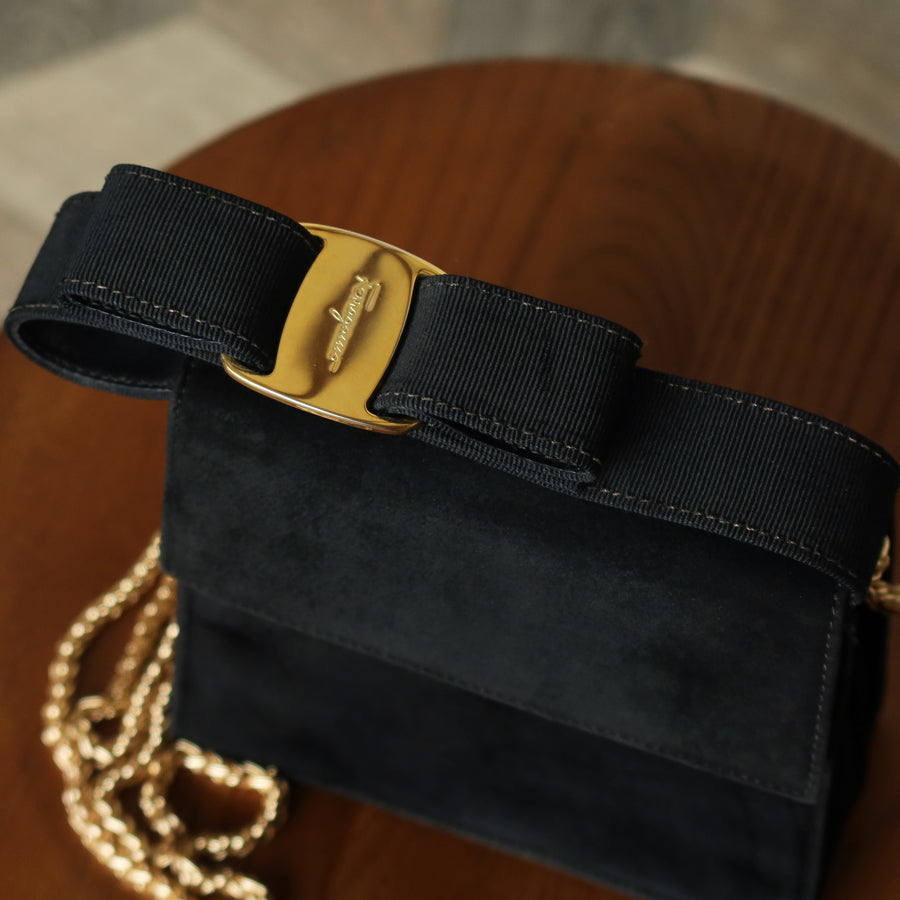 Salvatore Ferragamo Vintage Black Suede Vara Bow 2 way Top Handle Shoulder Bag