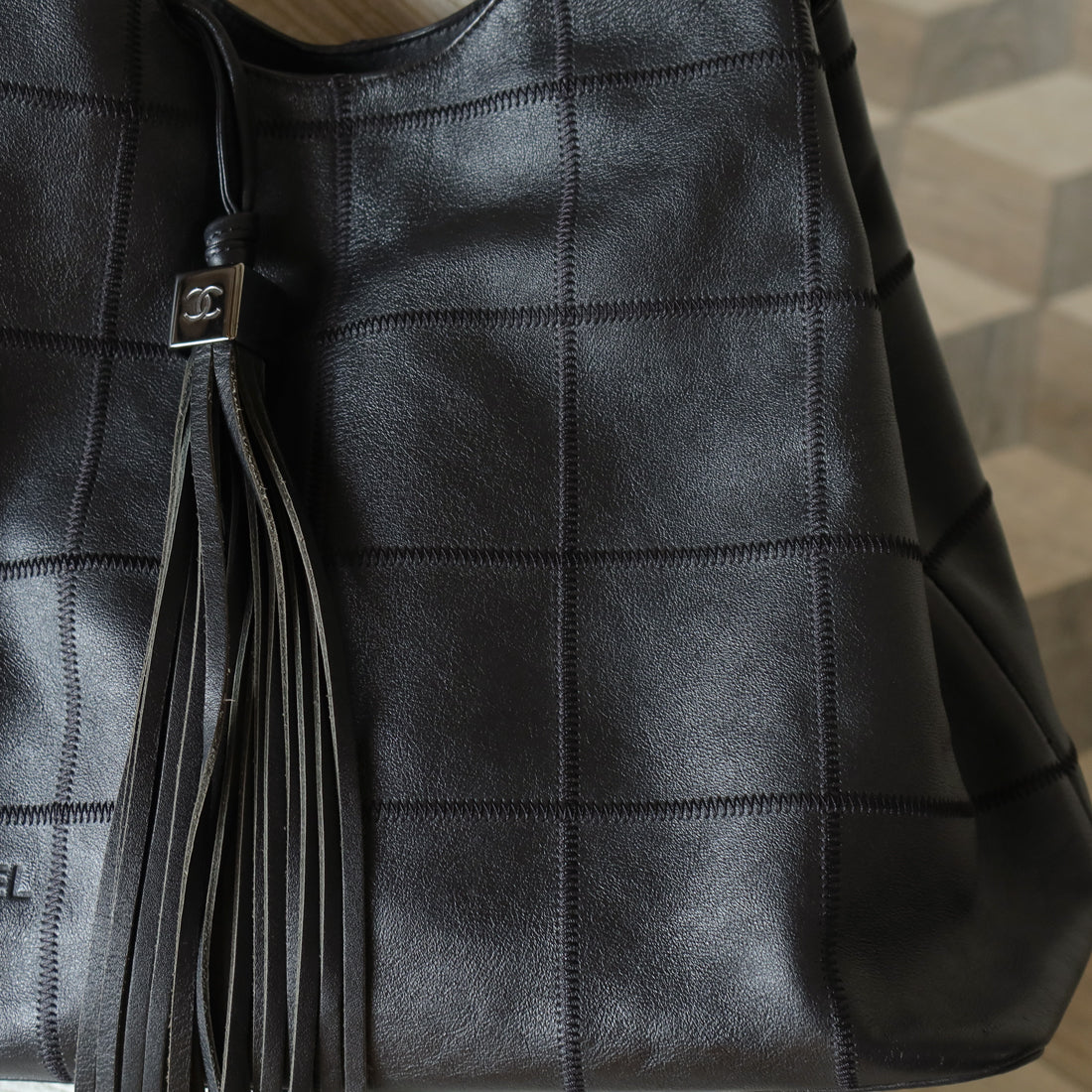 Chanel Vintage Black Square Stitching CC Tassel Hobo Tote Bag S