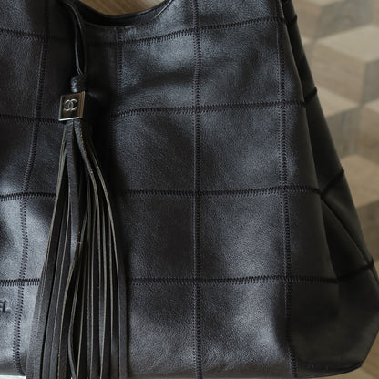 Chanel Vintage Black Square Stitching CC Tassel Hobo Tote Bag S