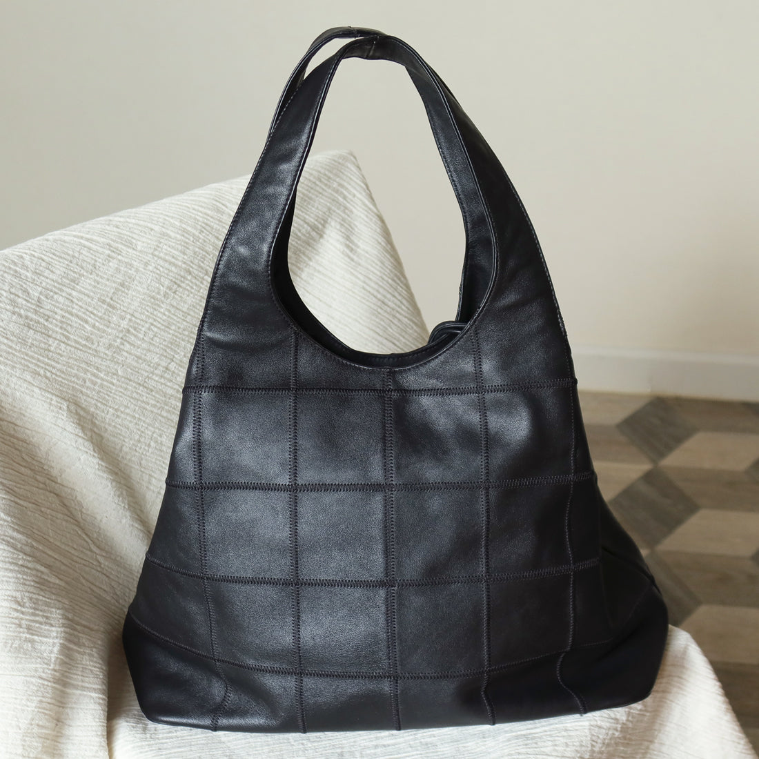 Chanel Vintage Black Square Stitching CC Tassel Hobo Tote Bag S