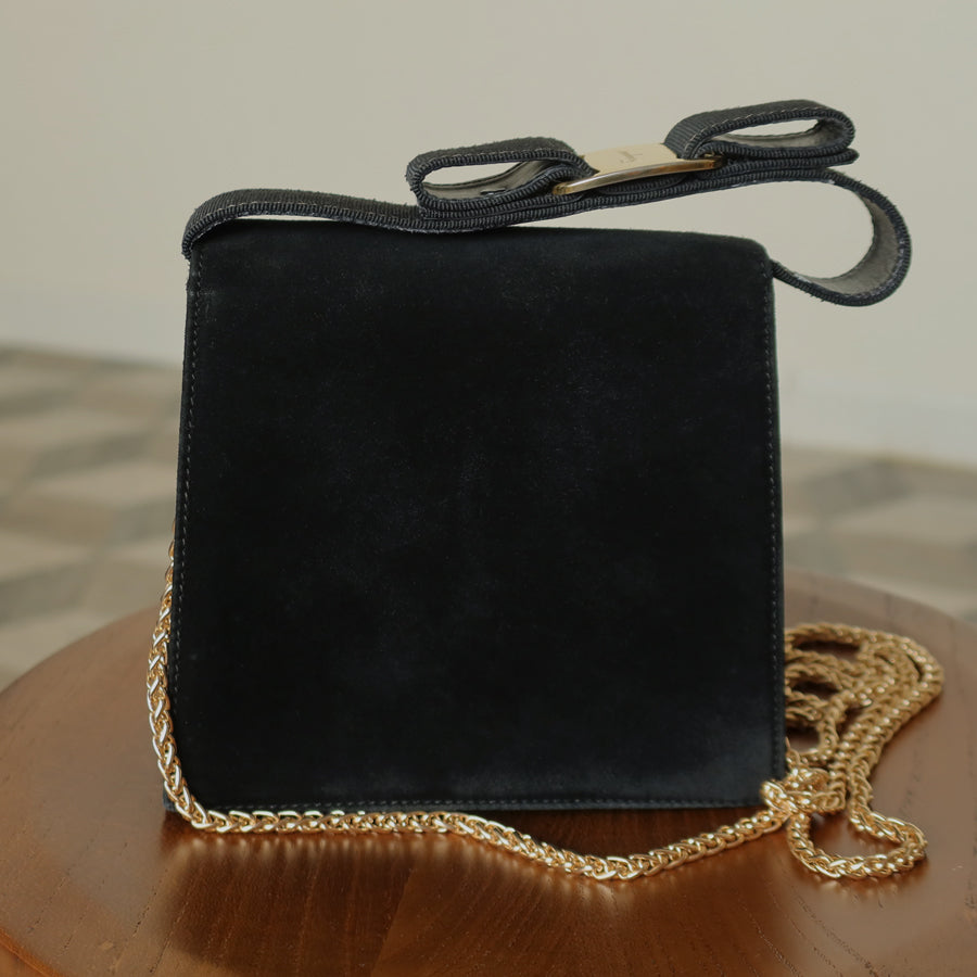 Salvatore Ferragamo Vintage Black Suede Vara Bow 2 way Top Handle Shoulder Bag