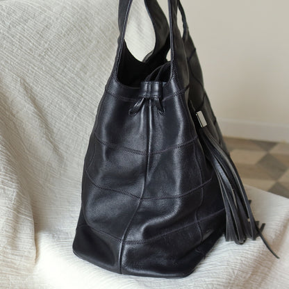 Chanel Vintage Black Square Stitching CC Tassel Hobo Tote Bag S