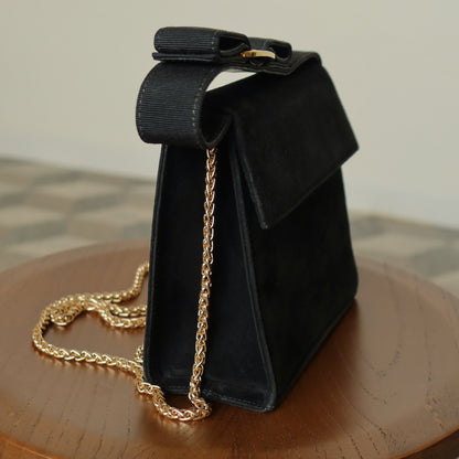 Salvatore Ferragamo Vintage Black Suede Vara Bow 2 way Top Handle Shoulder Bag