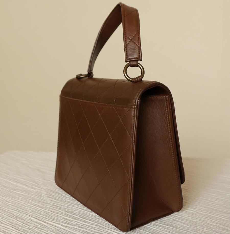 Rare Chanel Vintage Brown Matelasse CC Turn lock Bag