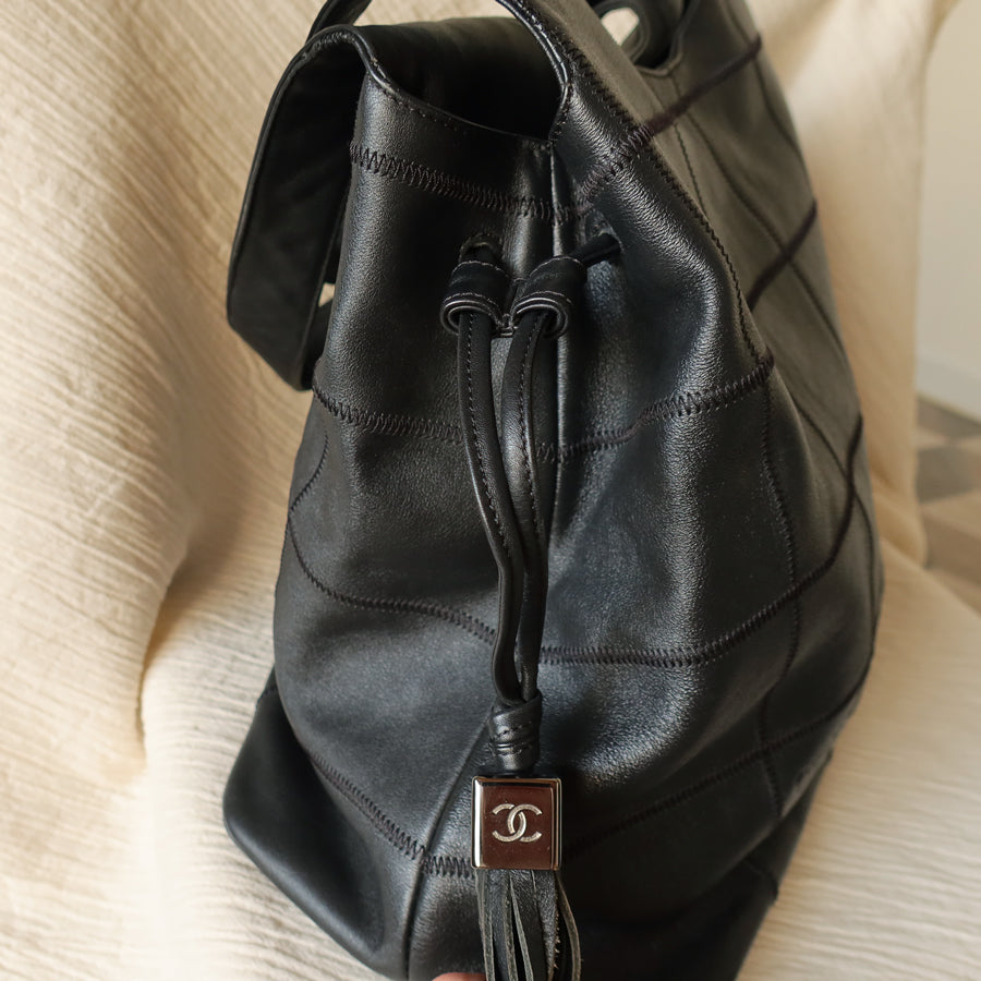 Chanel Vintage Black Square Stitching CC Tassel Hobo Tote Bag S