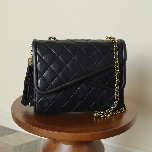 Chanel Vintage Black Lambskin 24k gold plated Tassel Asymmetrical Double Flap Bag M