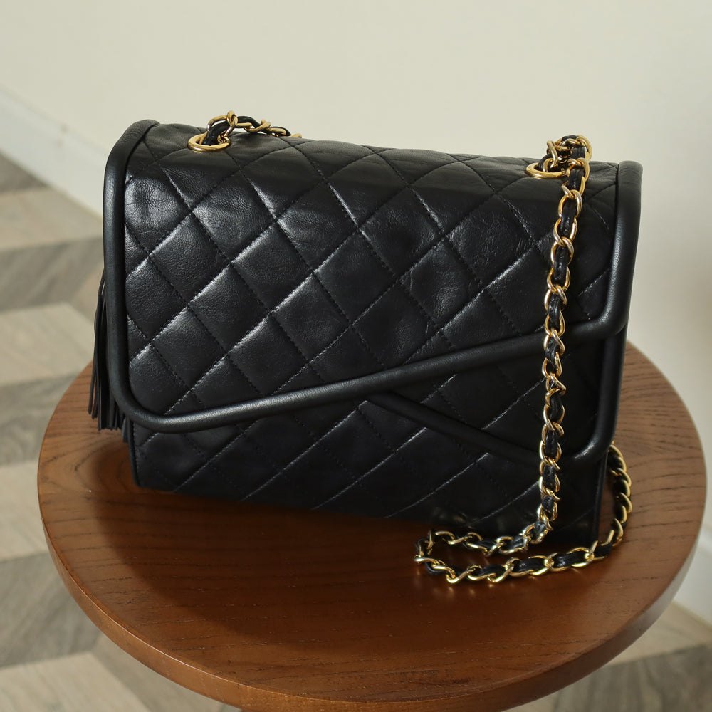 Chanel Vintage Black Lambskin 24k gold plated Tassel Asymmetrical Double Flap Bag M