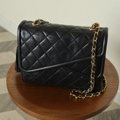 Chanel Vintage Black Lambskin 24k gold plated Tassel Asymmetrical Double Flap Bag M