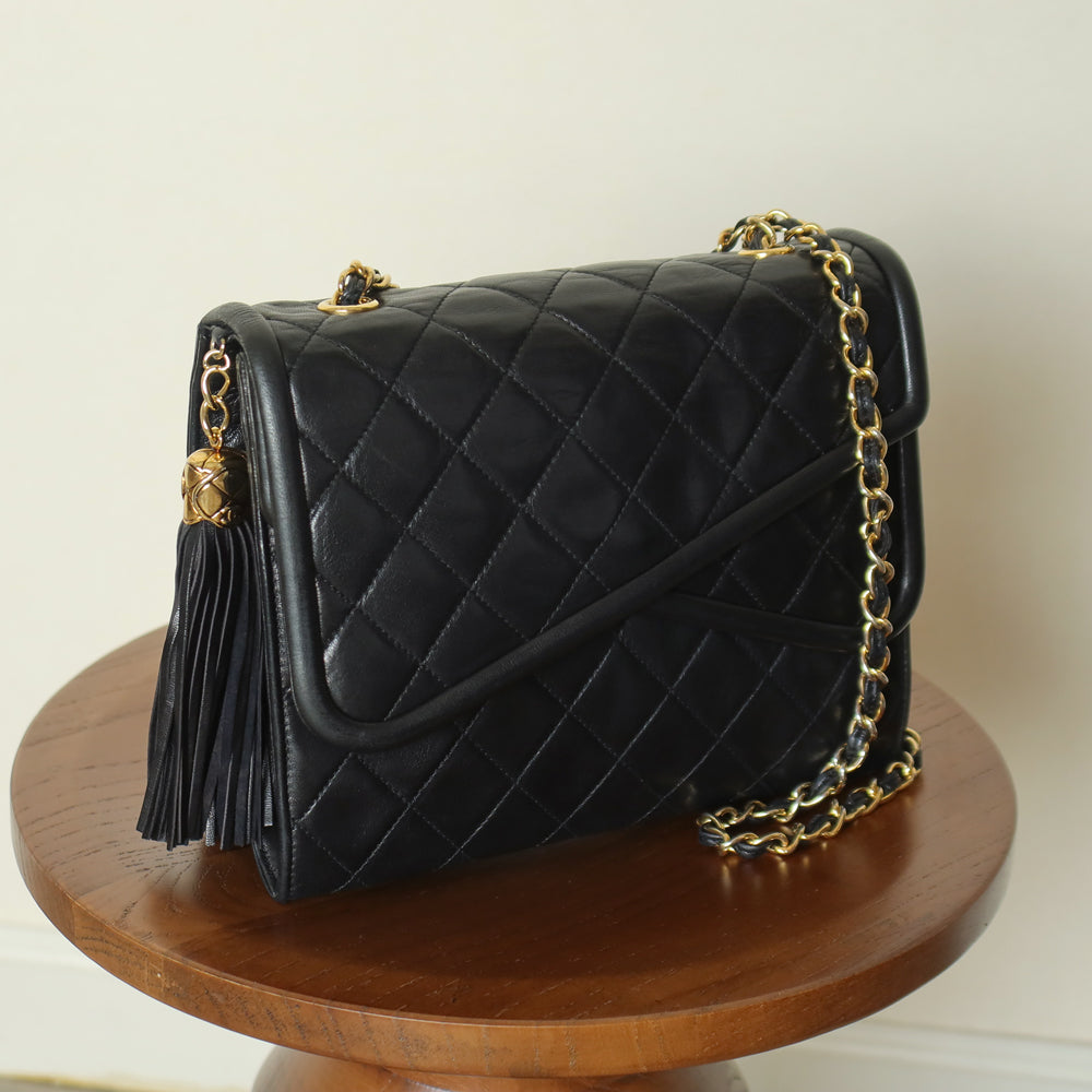 Chanel Vintage Black Lambskin 24k gold plated Tassel Asymmetrical Double Flap Bag M