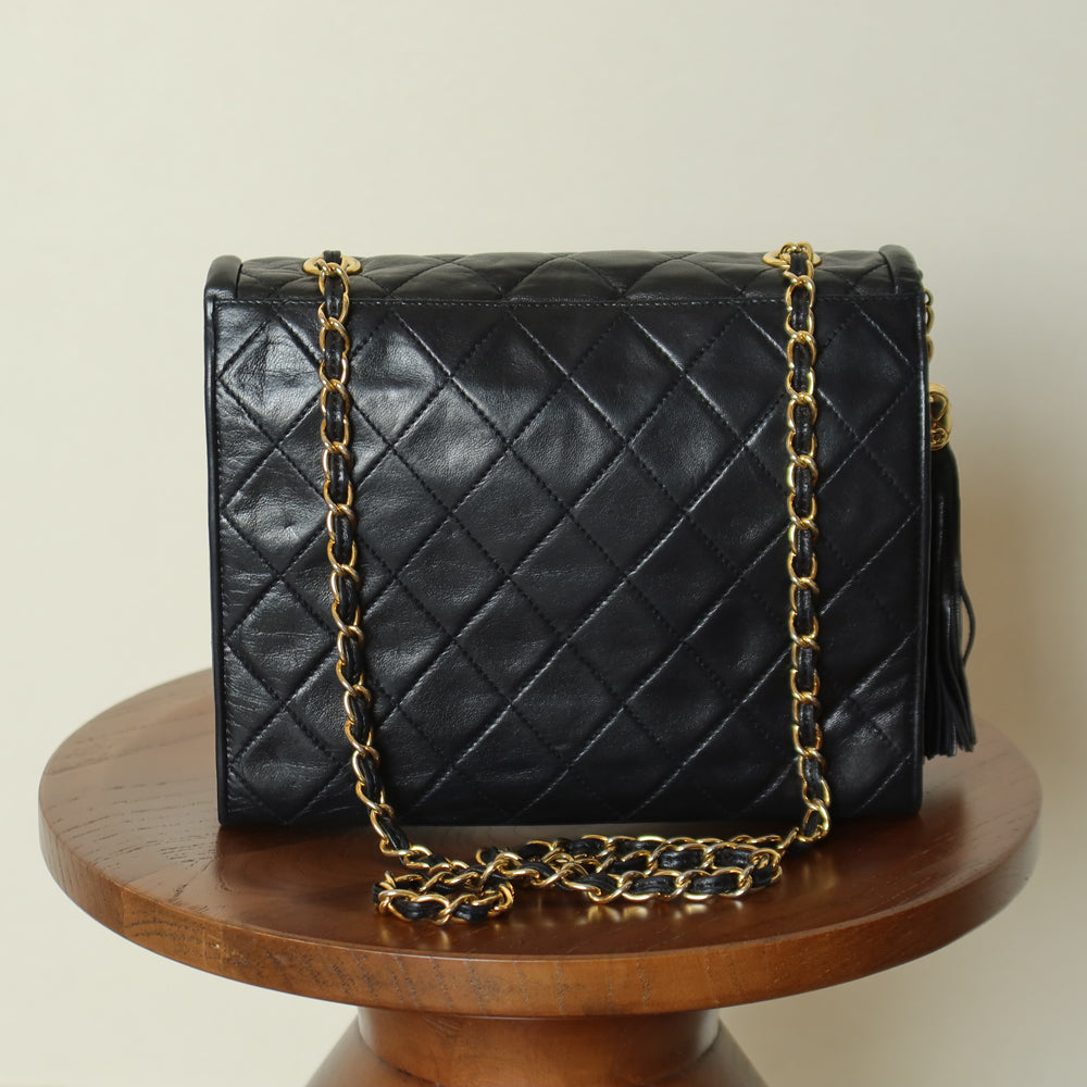 Chanel Vintage Black Lambskin 24k gold plated Tassel Asymmetrical Double Flap Bag M