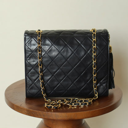 Chanel Vintage Black Lambskin 24k gold plated Tassel Asymmetrical Double Flap Bag M