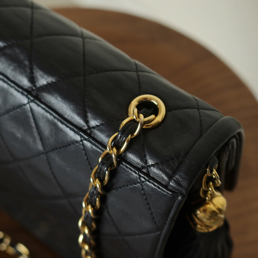Chanel Vintage Black Lambskin 24k gold plated Tassel Asymmetrical Double Flap Bag M