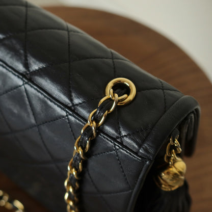 Chanel Vintage Black Lambskin 24k gold plated Tassel Asymmetrical Double Flap Bag M