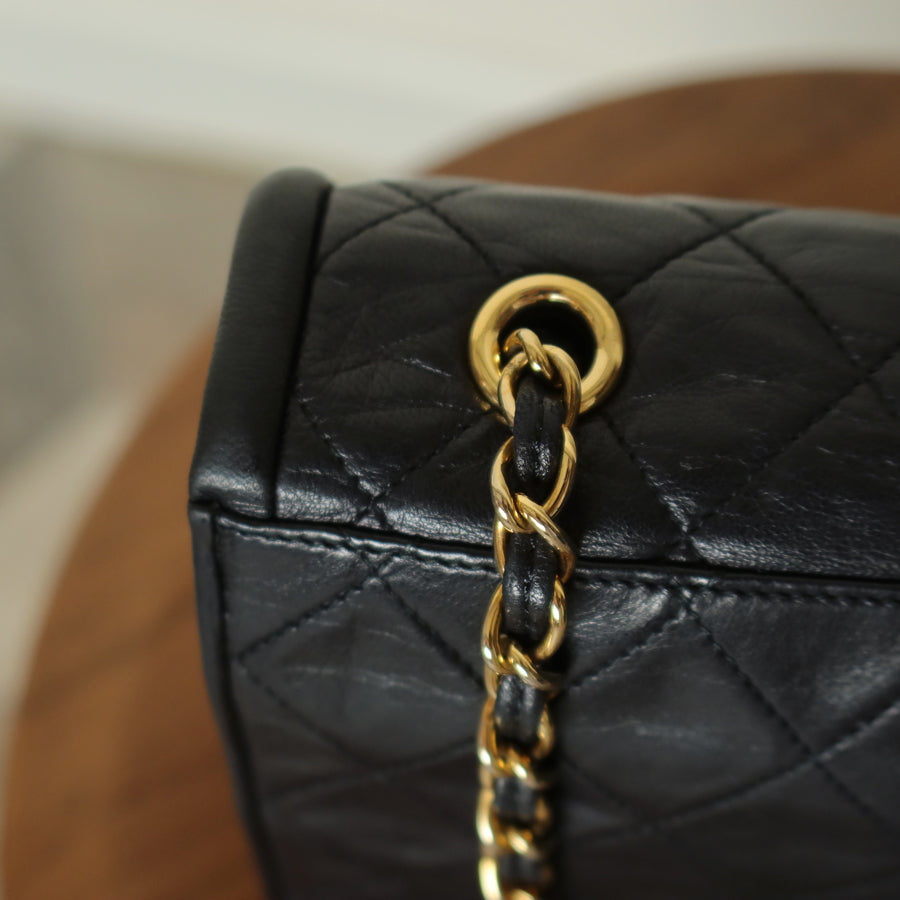 Chanel Vintage Black Lambskin 24k gold plated Tassel Asymmetrical Double Flap Bag M