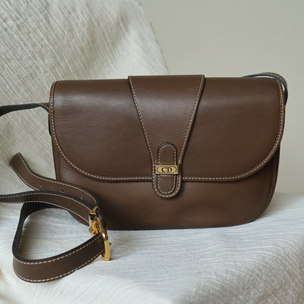 Christian Dior Vintage Brown Leather CD Logo Flap Crossbody bag