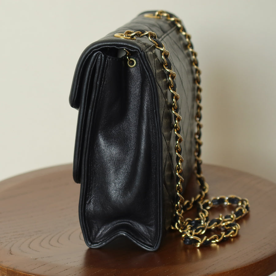 Chanel Vintage Black Lambskin 24k gold plated Tassel Asymmetrical Double Flap Bag M
