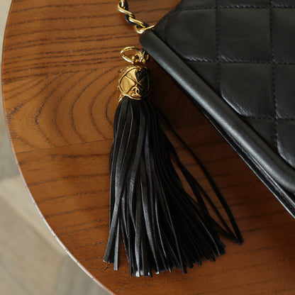 Chanel Vintage Black Lambskin 24k gold plated Tassel Asymmetrical Double Flap Bag M