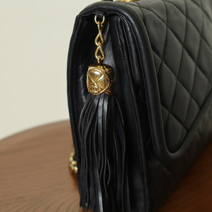 Chanel Vintage Black Lambskin 24k gold plated Tassel Asymmetrical Double Flap Bag M