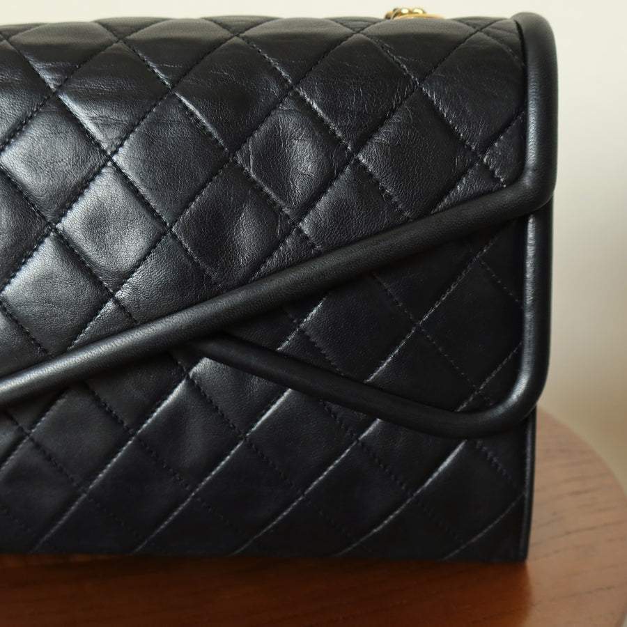 Chanel Vintage Black Lambskin 24k gold plated Tassel Asymmetrical Double Flap Bag M