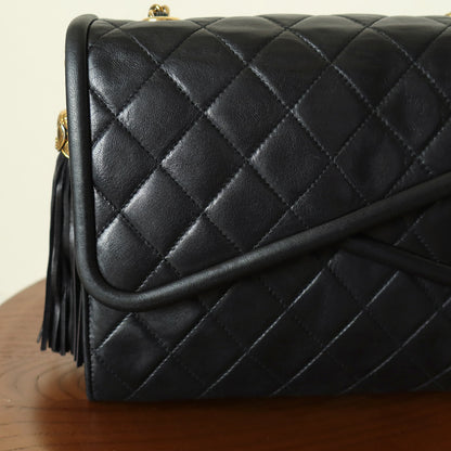 Chanel Vintage Black Lambskin 24k gold plated Tassel Asymmetrical Double Flap Bag M