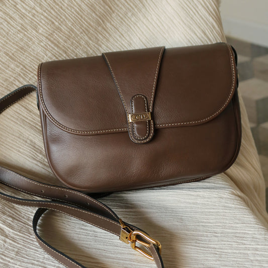 Christian Dior Vintage Brown Leather CD Logo Flap Crossbody bag
