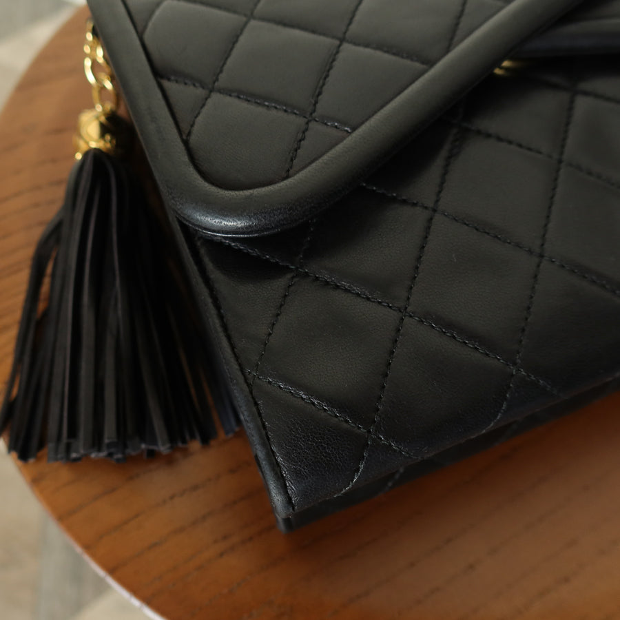 Chanel Vintage Black Lambskin 24k gold plated Tassel Asymmetrical Double Flap Bag M