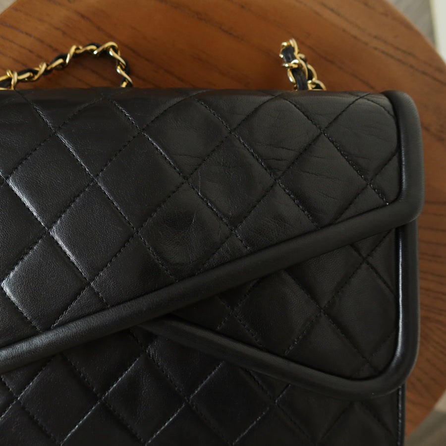 Chanel Vintage Black Lambskin 24k gold plated Tassel Asymmetrical Double Flap Bag M